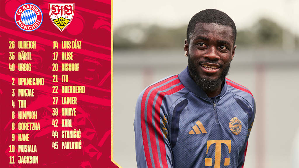 Grafik mit dem Kader des FC Bayern für das Pokalfinale gegen Stuttgart und einem Foto von Dayot Upamecano