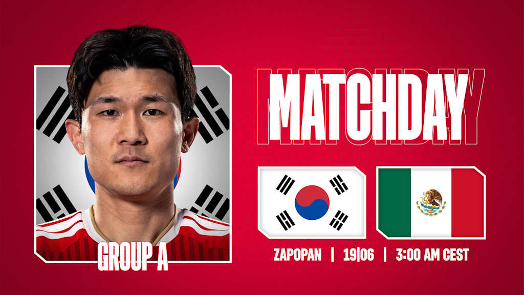 Grafik mit Porträtfoto von Minjae Kim, den Flaggen von Südkorea und Mexiko und dem Schriftzug Matchday