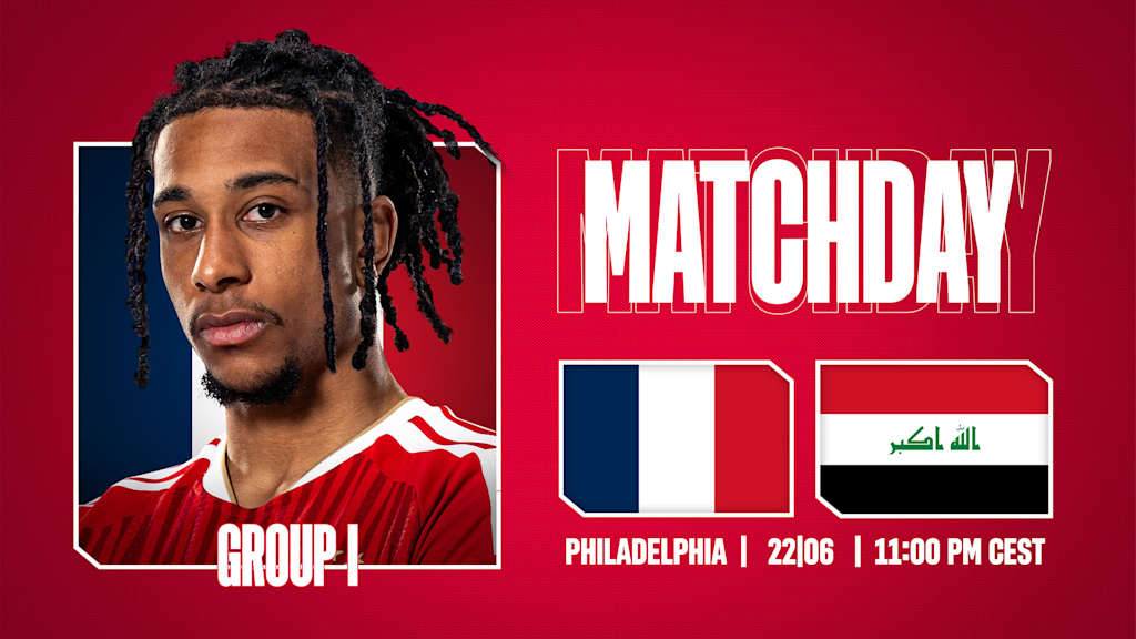 Grafik mit Porträtfoto von Michael Olise, den Flaggen von Frankreich und Irak und dem Schriftzug Matchday