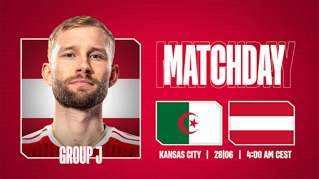 Grafik mit Konrad Laimer den Flaggen von Algerien und Österreich sowie einem Schrittzug Matchday