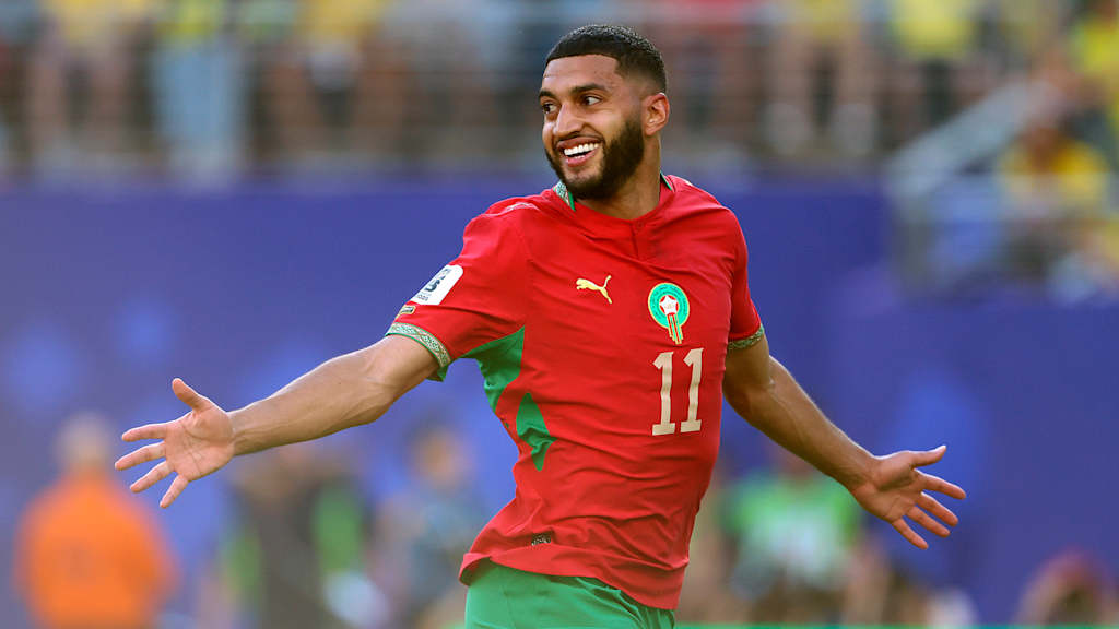Ismael Saibari bejubelt sein Tor im Spiel zwischen Marokko und Brasilien.