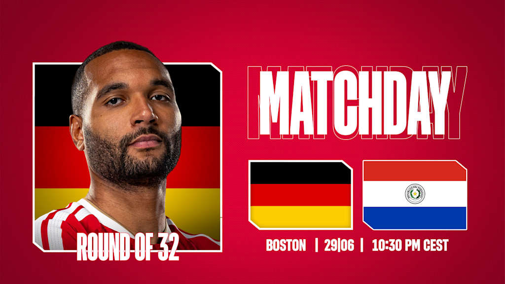 Grafik mit Porträtfoto von Jonathan Tah, den Flaggen von Deutschland und Paraguay und dem Schriftzug Matchday