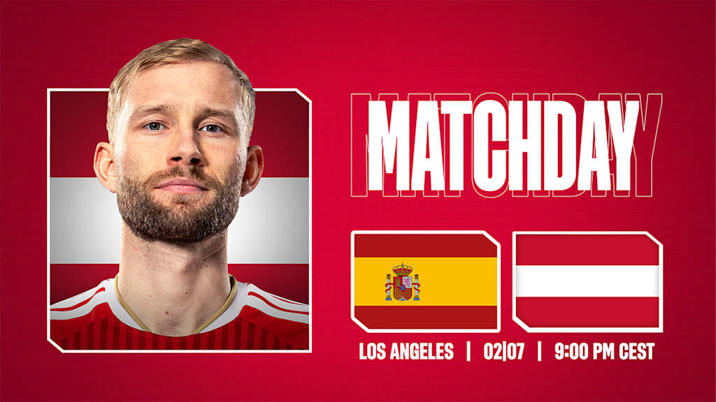 Grafik mit Konrad Laimer den Flaggen von Spanien und Österreich sowie einem Schrittzug Matchday