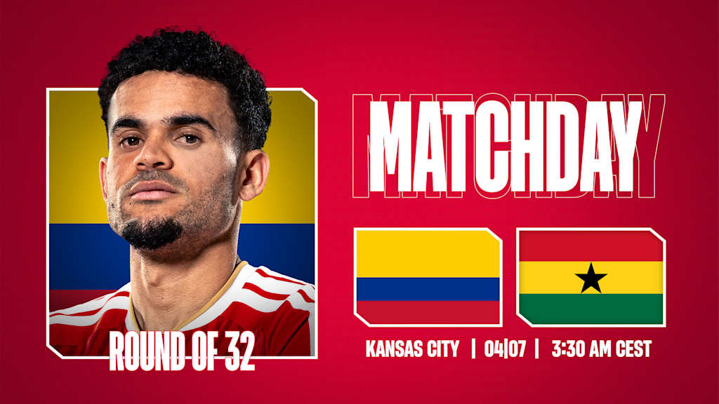 Grafik mit Luis Díaz den Flaggen von Kolumbien und Ghana sowie dem Schriftzug Matchday