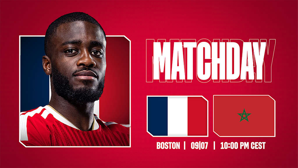 Grafik mit Porträtfoto von Dayot Upamecano, den Flaggen von Frankreich und Marokko und dem Schriftzug Matchday