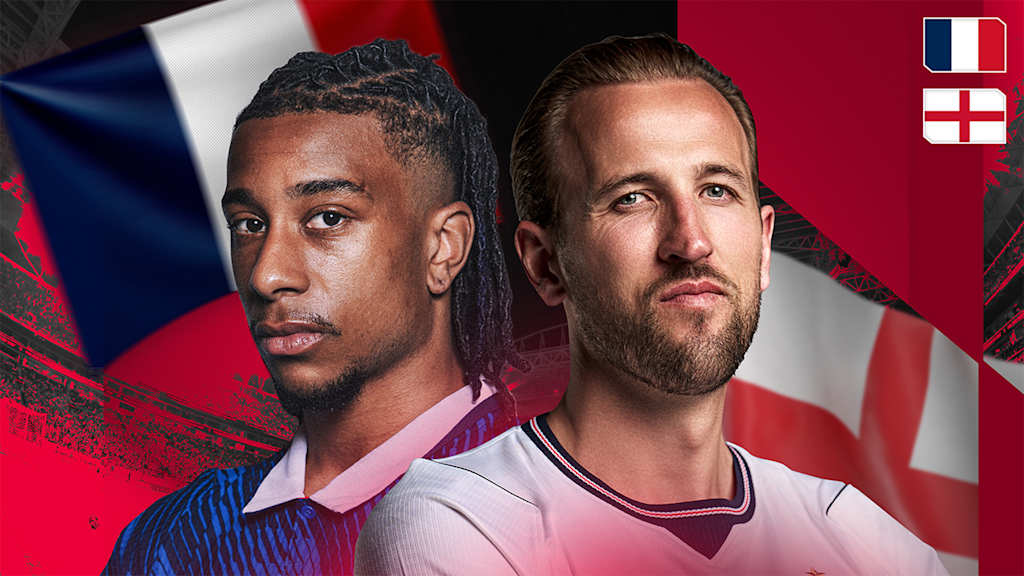 Grafik: Michael Olise und Harry Kane in den Trikots ihrer Nationalmannschaften vor einer französischen und einer englischen Fahne