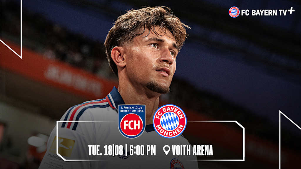 Grafik mit einem Foto von Tom Bischof, den Logos vom 1. FC Heidenheim und dem FC Bayern sowie dem Datum des Testspiels 18.08 18 Uhr