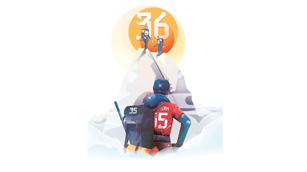 Illustration eines Bergsteigers mit FC Bayern Trikot