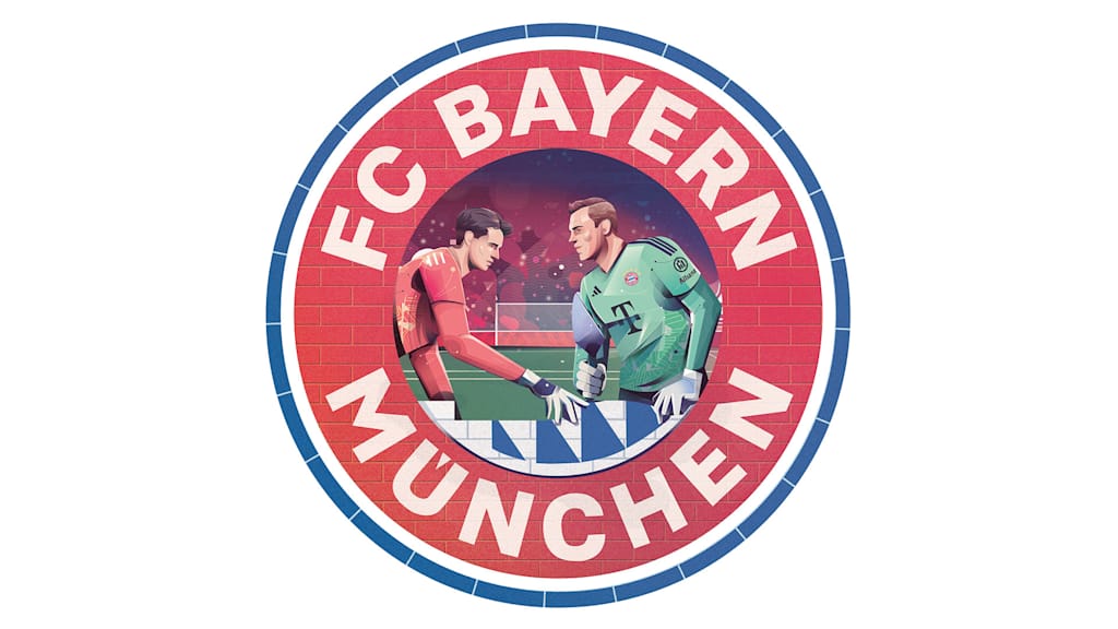 Illustration eines FC Bayern Wappens mit Manuel Neuer und Jonas Urbig