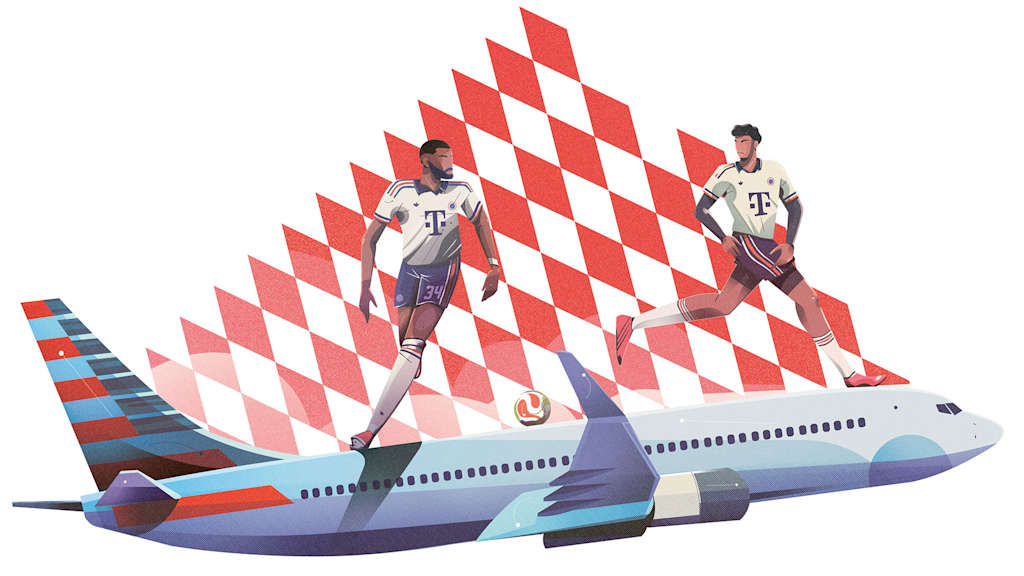 Illustration mit einem Flugzeug und zwei FC Bayern Spielern