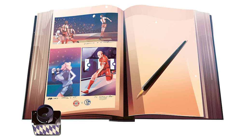 Illustration eines Buches mit Szenen von FC Bayern Spielen