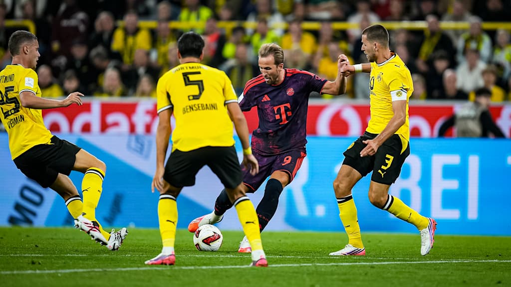 Harry Kane beim Torschuss während des Franz Beckenbauer Supercups 2026 zwischen Borussia Dortmund und dem FC Bayern