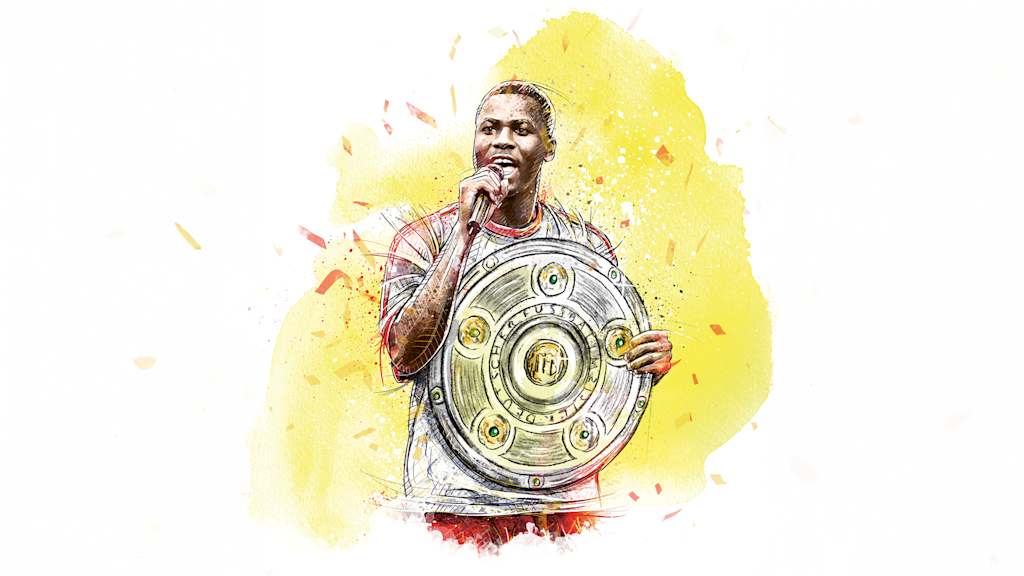Illustration von Sammy Kuffour mit der Meisterschale und einem Mikrofon in der Hand