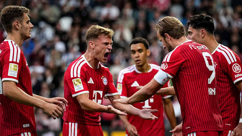 Joshua Kimmich schreit vor Freude während des Gastspiels des FC Bayern in der Bundesliga bei der SV Elversberg