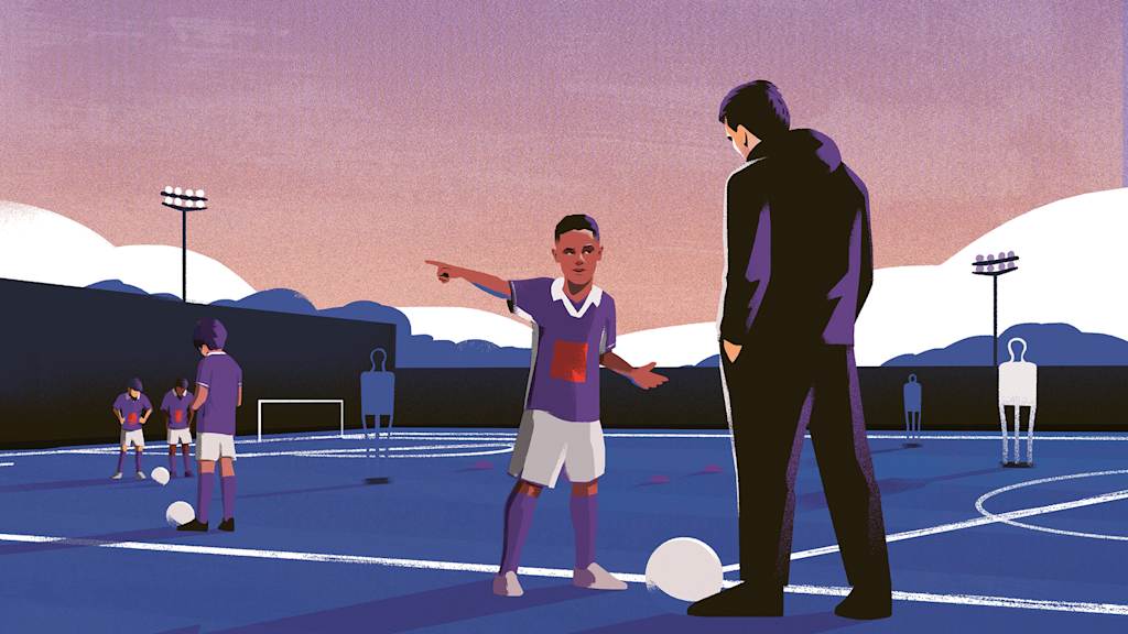 Ilustración: Albert Martens habla con el joven Vincent Kompany sobre el terreno de juego