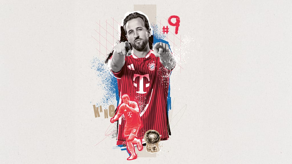 Illustration Harry Kane mit Porträts, der Nummer neun und dem Ballon d'Or