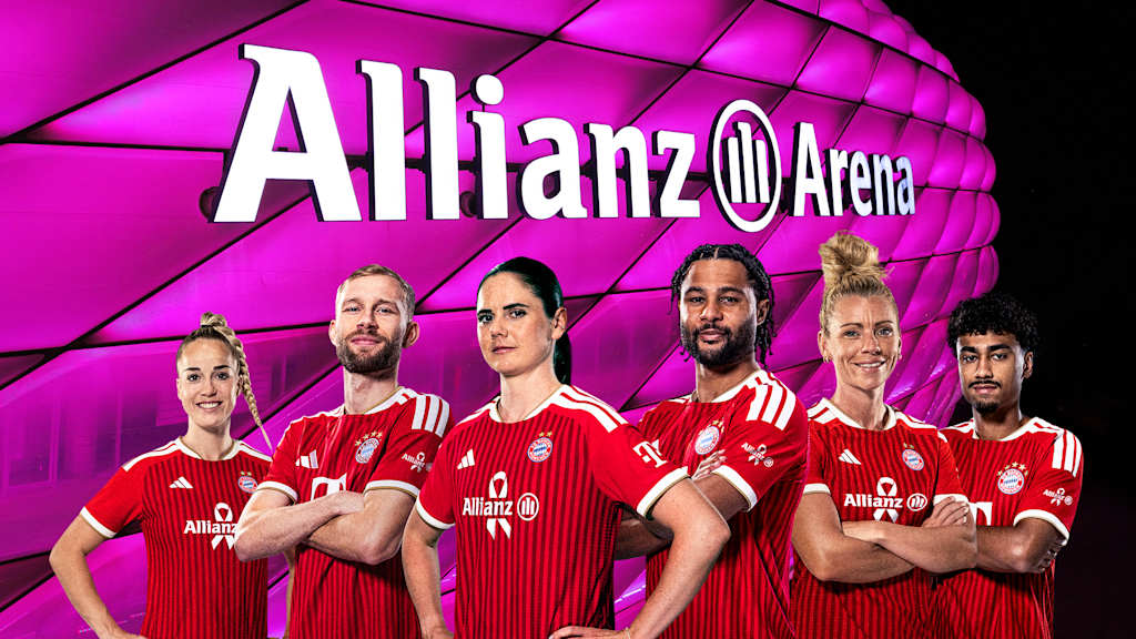Kollage: Spieler und Spielerinnen des FC Bayern stehen vor der pink beleuchteten Allianz Arena