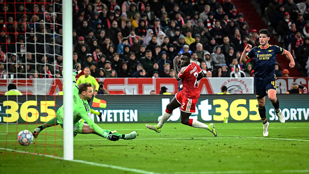 Declan Rice trifft zum 2:2 während des Champions League-Heimspiels des FC Bayern gegen den FC Arsenal