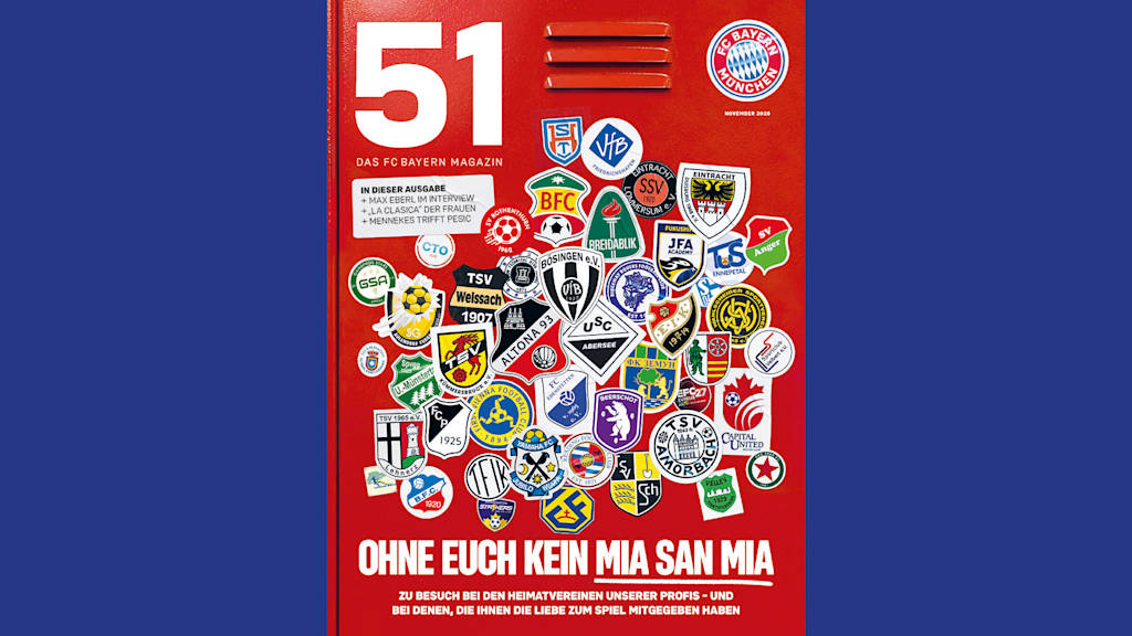Cover des FC Bayern Magazin 51 November 2026 mit Wappen der Jugendclubs der FC Bayern-Profis - ohne euch kein Mia san mia