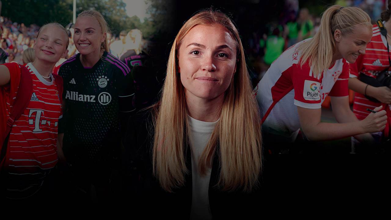 Glódís Perla Viggósdóttir vom FC Bayern mit einem Fan beim Selfie machen.