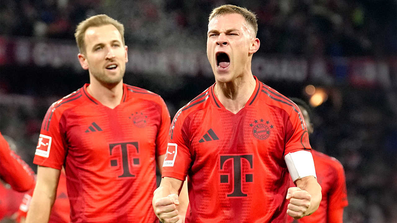 Joshua Kimmich celebrates after having scored the FC Bayern December 2024 Goal of the Month