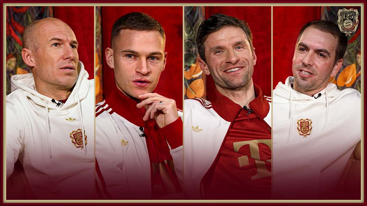 Grafik mit Arjen Robben, Joshua Kimmich, Thomas Müller und Philipp Lahm beim Quiz zu 125 Jahre FC Bayern