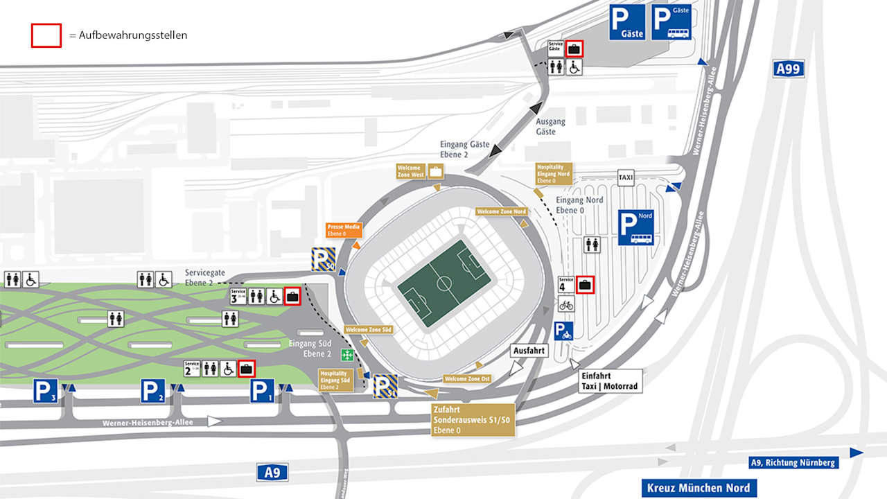 Lageplan der Allianz Arena - rot umrandet: Aufbewahrungsstellen für Gepäck an Spieltagen