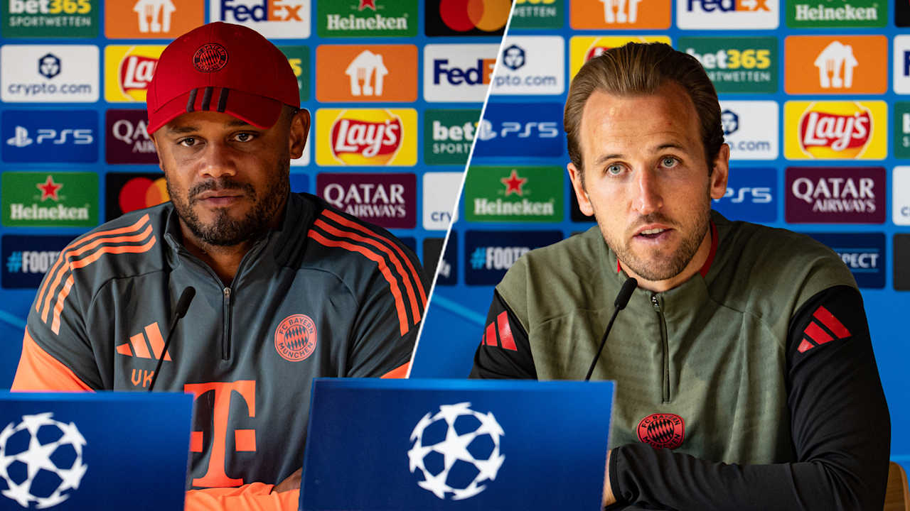 Harry Kane und Vincent Kompany auf der Pressekonferenz des FC Bayern vor dem Champions League-Spiel gegen Chelsea