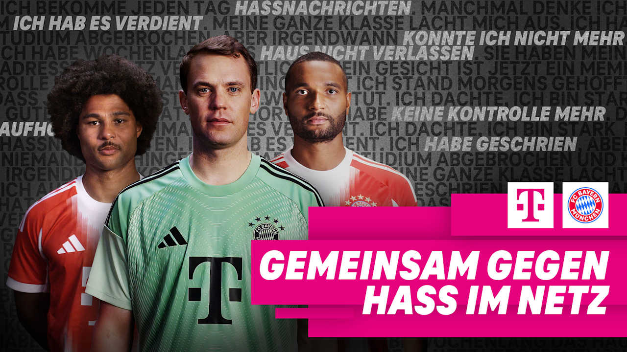 Grafik zur Kampagne Gemeinsam gegen Hass im Netz mit Porträtfotos von Serge Gnabry, Manuel Neuer und Jonathan Tah