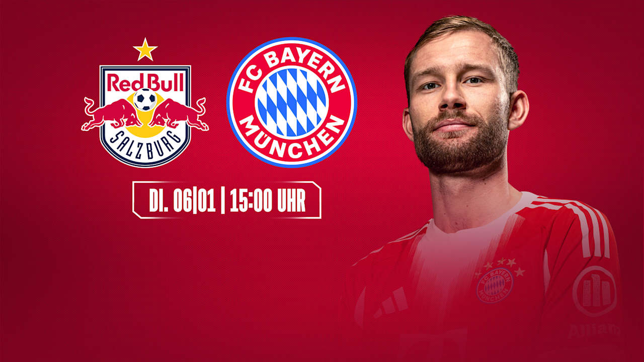 Grafik mit den Logos von RB Salzburg und des FC Bayern sowie Konrad Laimer und dem Datum Dienstag, 06.01., 15 Uhr und dem Schriftzug Live auf FC Bayern TV PLUS