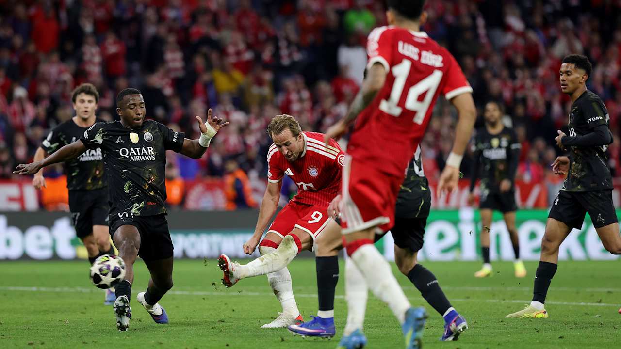 Harry Kane erzielt das 1:1 im Rückspiel des FC Bayern gegen Paris Saint-Germain in der Champions League