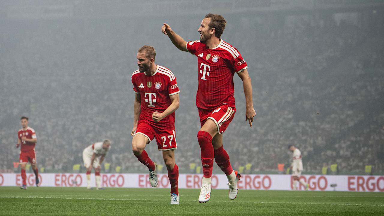 Harry Kane bejubelt sein Tor zum 2:0 im DFB-Pokal-Finale zwischen dem FC Bayern und dem VfB Stuttgart.