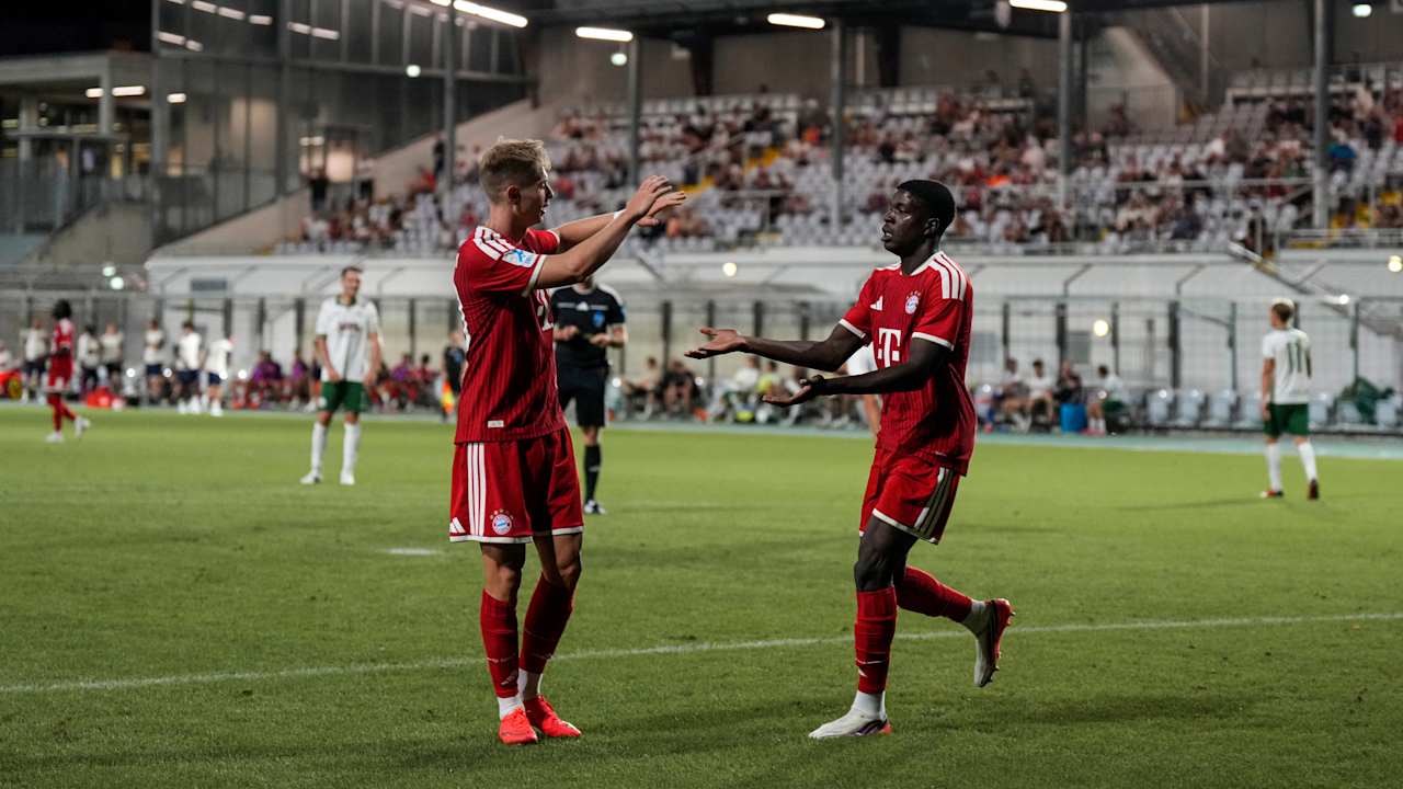Anton Heinz und Bastian Assomo schlagen nach einem Tor miteinander ein.