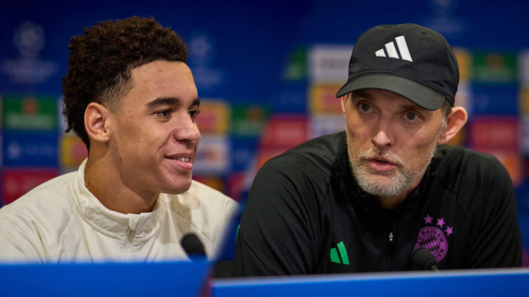 Press conference with Jamal Musiala and Thomas Tuchel before Champions League match against Manchester United