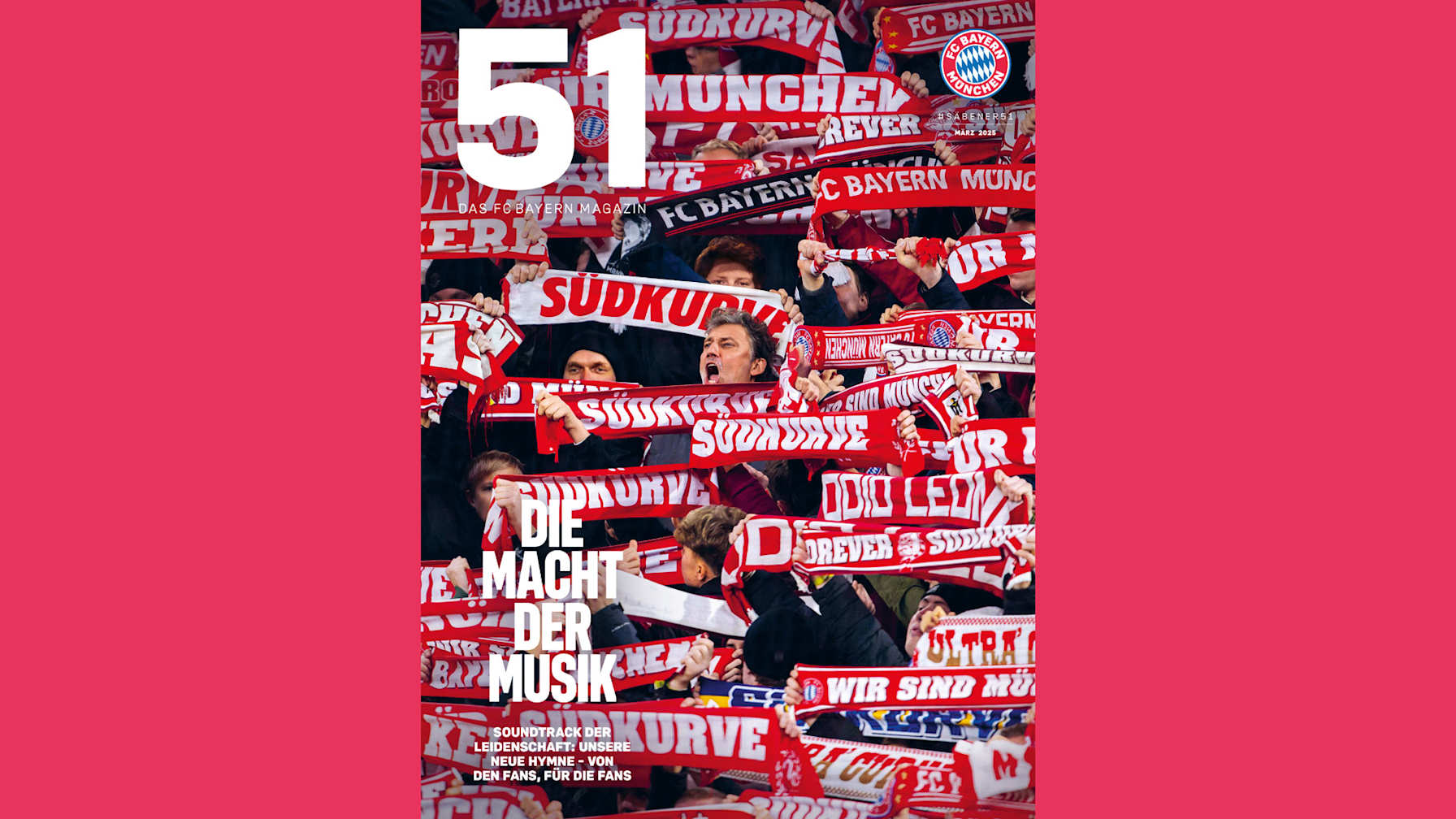 Cover des Mitgliedermagazins 51 Ausgabe März 2025, Tenor Jonas Kaufmann singt in der Südkurve umringt von Bayern-Fans