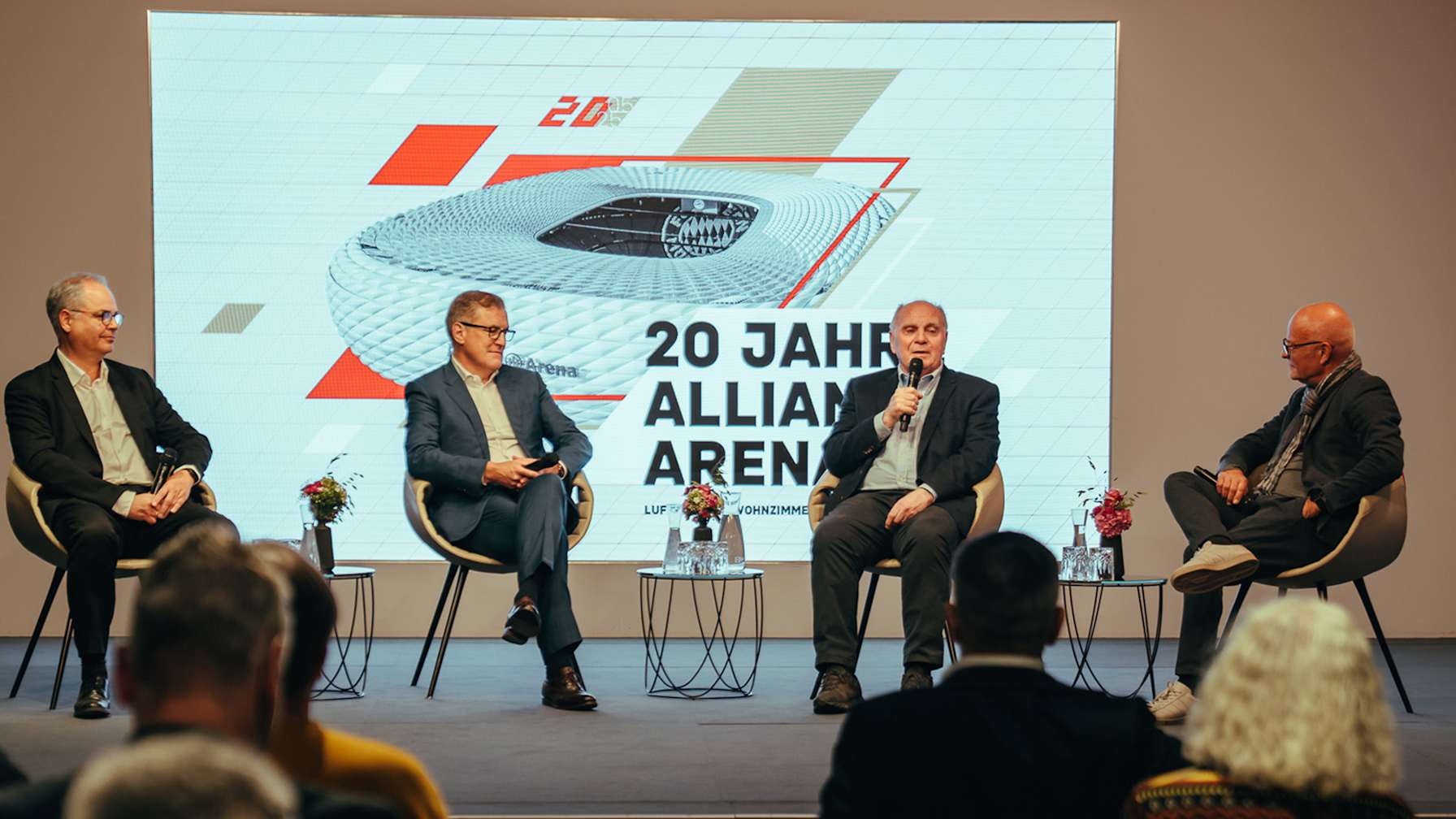 Panel discussion with (from left) Jürgen Muth, Jan-Christian Dreesen and Uli Hoeneß at the opening of the FC Bayern Museum special exhibition: ‘20 Years of the Allianz Arena – Beacon, Home, Stage’