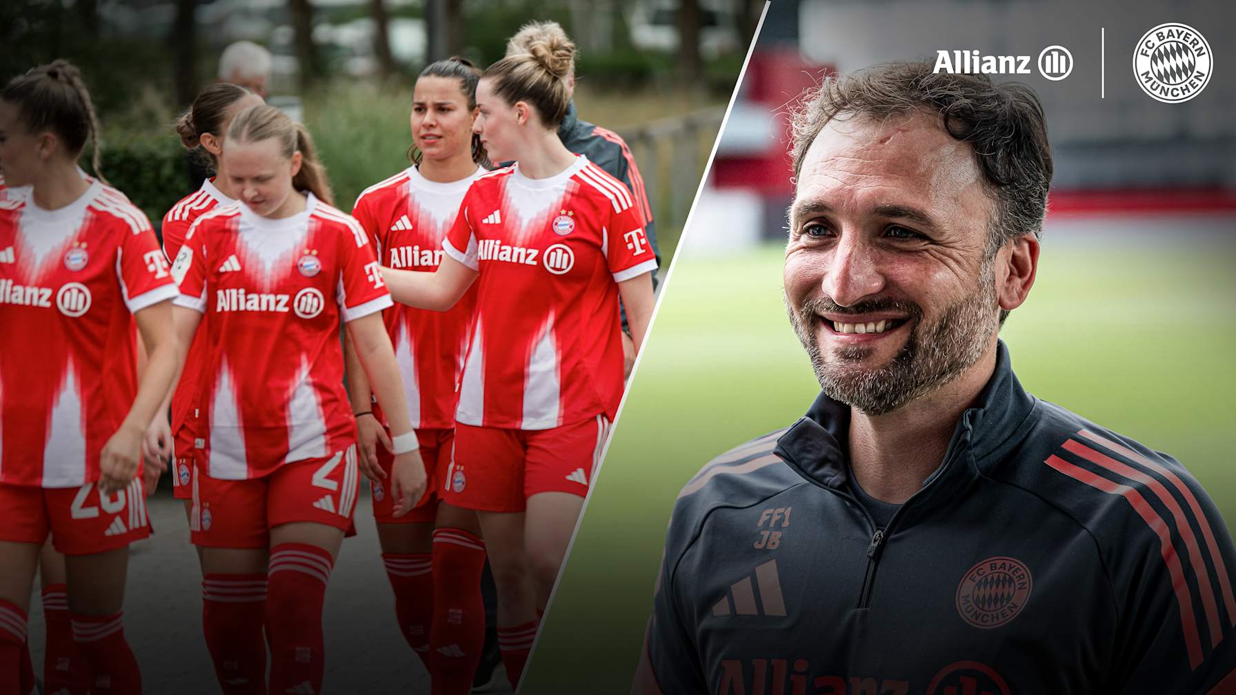 Jugadoras del FC Bayern Femenino y el entrenador José Barcala, sonrientes.