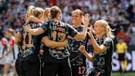 FC Bayern Women celebrate against Eintracht Frankfurt.