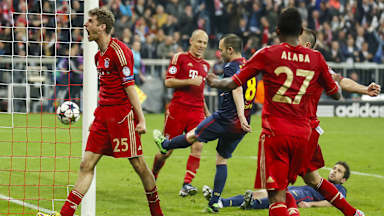 Thomas Müller, del FC Bayern, celebrando su gol en la ida de las semifinales de la Champions League 2012/2013 ante el FC Barcelona.