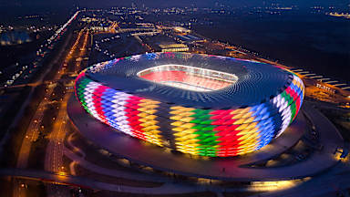 Munich Football Arena brightly illuminated for UEFA EURO 2024