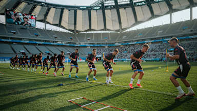 Raphael Guerreiro and Adam Aznou challenge for the ball during FC Bayern's open training in Seoul