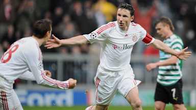 Mark van Bommel celebrates scoring a goal in the Champions League match between FC Bayern and Sporting Lisbon in 2009.