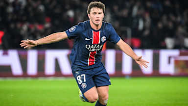 João Neves of Paris Saint-Germain celebrates his goal in the 3-0 win over FC Toulouse.
