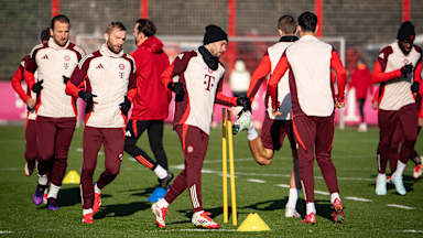 Guerreiro, Laimer und Kane laufen sich im Training des FC Bayern warm