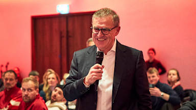 Jan-Christian Dreesen gives at speech at FC Bayern's post-match banquet in Glasgow