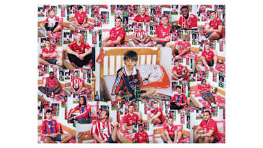 Grafike mit Fotos von Spielern des FC Bayern in einer Nachbildung des Kinderzimmers von Thomas Müller.