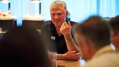 FC Bayern legend Stefan Effenberg talks to media representatives in Miami.
