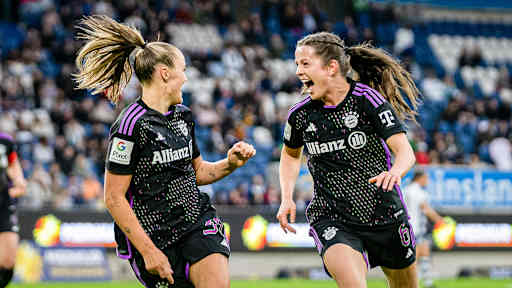 Tuva Hansen, Georgia Stanway, celebration, FC Bayern Women at MSV Duisburg