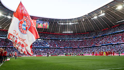 Vor einem Heimspiel des FC Bayern in der Allianz Arena stehen Fahnenträger neben dem Spielfeld.