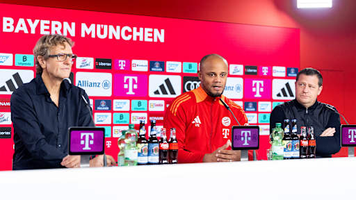 Dieter Nickles, Vincent Kompany and Max Eberl in the press conference ahead of the Leipzig home game